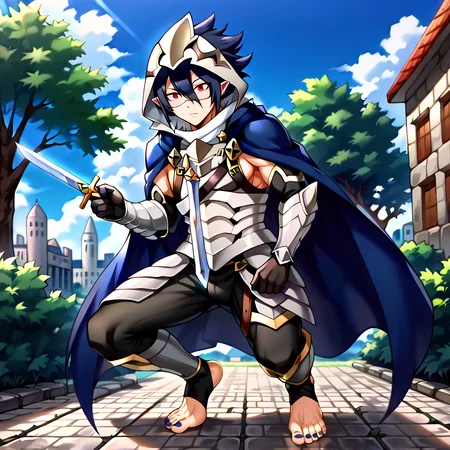 masterpiece, best quality, sharp aliasing, highly detailed, Quality, High Definition, <lora:EPfeCorrinPony:1>EPfeCorrin, blue cape, armour, black gloves, black pants, wearing pants, outdoors, day, stone ground, tree, bush, buildings, barefoot, toeless legwear, armoured legwear, stirrup legwear, 5 toes <lora:Amajiki_Tamaki__Pony:1>Tamaki Amajiki, pointy ears, red eyes, dark blue hair, hair between eyes, hood, mask, male, male body, sword, sword stance <lora:feet_anime_pony_v2:1>feet, dark blue toenails