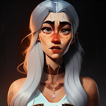 arcane style; daguerreotype full body portrait of a sound, underdeveloped, Smug Supply woman, Detailed, surprised, with long wavy gray hair wearing waitress , digital art, trending on artstation, highly detailed, fine detail, intricate, outrun, vaporware