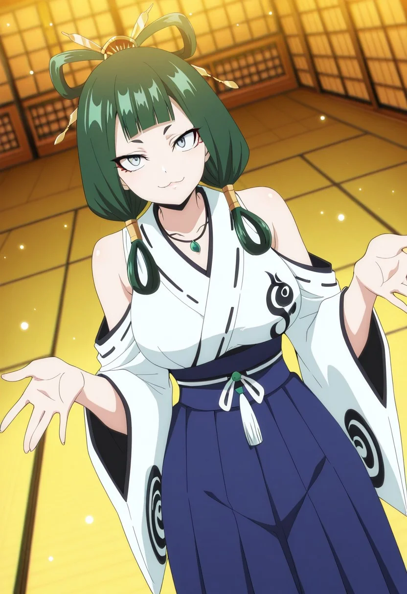 YokoFT, 1girl, solo, green hair, medium hair, hair ornament, blunt bangs, black eyes, :3, necklace with  tomoe, japanese clothes, white yukata, blue hakama,  wide sleeves,  large breast, white socks, sandals,
,seductive pose, sexy pose, tease, 
masterpiece, best quality, fine details, intricate details, depth of field, subsurface scattering, bokeh,
 ultra-detailed, very aesthetic, detailed background, newest, scenery, highres, absurdres, colorful, vibrant, glowing, perfect face, 2d, perfect eyes,  vibrant saturated colors, volumetric lighting, sharp, detailed eyes, perfect anatomy,  perfect face, perfect eyes, mature body, clear eyes, beautiful eyes, athletic, curvy body, athletic girl, perky tits, perfect tits, round breasts, pinup pose, teasing, lustful expression, perfect hands, 
muscular female, dutch angle, 
,Smooth Negative, Smooth_Quality,