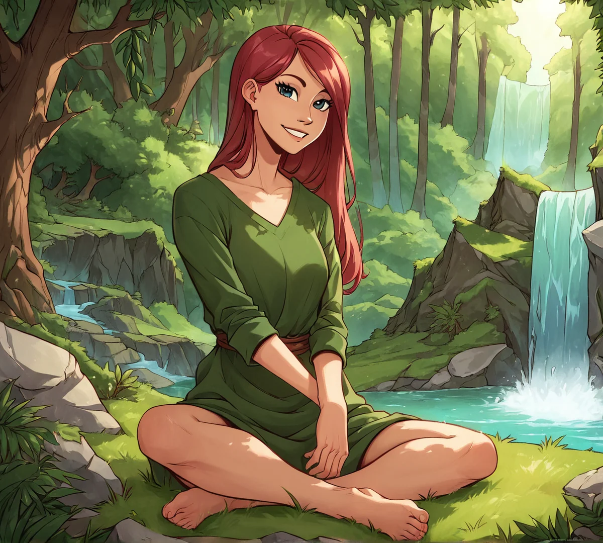 Antimony, zPDXL, best quality, amazing quality, score 9, 1girl, forest, smile, looking at viewer, sitting, outdoors, waterfall, <lora:Antimonynuer:0.8>