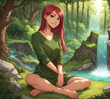 Antimony, zPDXL, best quality, amazing quality, score 9, 1girl, forest, smile, looking at viewer, sitting, outdoors, waterfall, <lora:Antimonynuer:0.8>