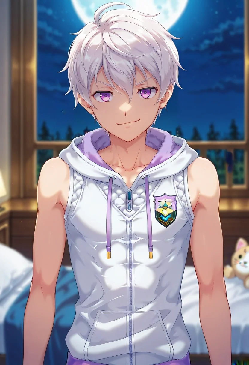 masterpiece, best quality, intricate details, anime screencap, , , looking at viewer, depth of field, 1boy, solo, male focus, <lora:felix_clermont_ilxl:0.98>, felix_clermont, white hair, purple eyes, ahoge, uniform, rule of thirds, bedroom, (plush), night, full moon, villain pose, smirk, Lycra Light orange Scallop Quilted joggers, Sleeveless muscle hoodie, , ,