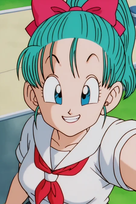 source_anime, score_9, score_8_up, score_7_up, anime screencap,
bulmasaiyan saga, bulma, aqua hair, blue eyes, high ponytail, hair bow, hair ribbon, school uniform, smile, teeth, selfie, from above, city, bridge, sunlight,
<lora:bulma_Z_pony_v1:0.8>