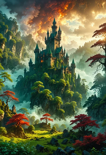 A stunning, vibrant cinematic photograph of a mysterious old castle in the mist-shrouded foothills of a mystical forest, fantasy art that evokes a sense of high-stakes drama in the style of Image's comic book photography, photo-realistic textures and film grains immerse the viewer in the scene, bathed in warm, golden light dotted with emerald greens and crimson reds, as if the forest itself were ablaze, the Ethereal clouds surround the forest, capturing the intensity of the fight for survival.
<lora:DonM3t3rn1tyXL-v1.1:0.7>, DonM3t3rn1tyXL,
OverallDetailXL  <lora:MJ52:0.3>  <lora:SDXLFaeTastic2400:0.4>  <lora:EpicF4nta5yXL:0.7>