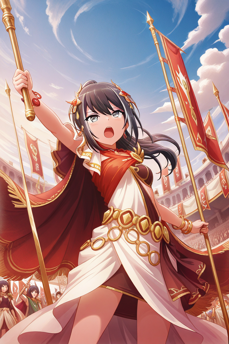 masterpiece, best quality, amazing quality,
 <lora:Kuina_IL:1> kuina, 1girl, jewelry, bracelet, ponytail, open mouth, hair ornament, long hair, black hair, dress, grey eyes, sky, cape, cloud, solo focus, holding, banner, flag, caesarsk