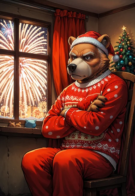 score_9, score_8_up, score_7_up, rating_safe,
chueh, no humans, fluffy_new_year, merry_furistmas,
solo,
bear, animal focus, sweater, pajama_pants, nightcap, solid black eyes, indoors, looking out, window, old man, grumpy, crossed arms, in rocking chair, new year, fireworks, curtains,