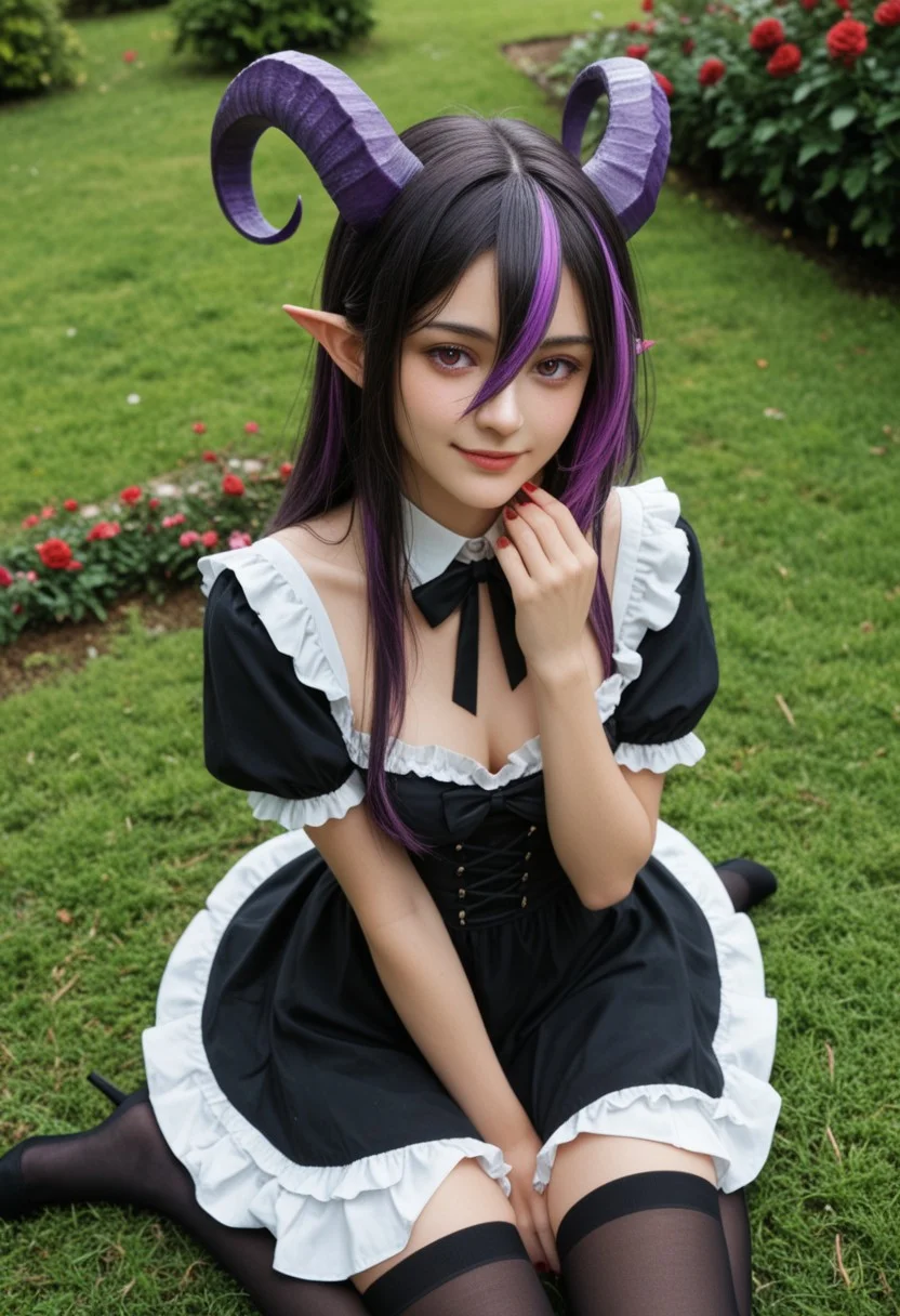 score_9_up, score_8_up, score_7_up, score_6_up, 1girl, 25 years old, perfect face, (adult), sexy,
purple eyes,
demon girl, demon horns, huge horns, striped horns, black horns, purple horns,
pointy ears, multicolored hair, streaked hair, (purple hair), black hair, long hair, very long hair, hair between eyes,
detached collar, black bow, black dress, frilled dress, frills, black thighhighs,
garden, purple roses,
blush, shy smile, looking at viewer, dynamic angle, depth of field, detailed hands, red nails, sitting, on grass, from above, full body