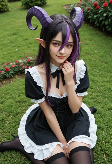 score_9_up, score_8_up, score_7_up, score_6_up, 1girl, 25 years old, perfect face, (adult), sexy,
purple eyes,
demon girl, demon horns, huge horns, striped horns, black horns, purple horns,
pointy ears, multicolored hair, streaked hair, (purple hair), black hair, long hair, very long hair, hair between eyes,
detached collar, black bow, black dress, frilled dress, frills, black thighhighs,
garden, purple roses,
blush, shy smile, looking at viewer, dynamic angle, depth of field, detailed hands, red nails, sitting, on grass, from above, full body