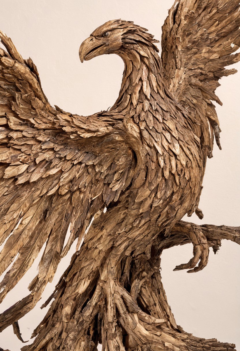 photograph of phoenix made of oldwood, dramatic pose, white studio background, hyper realistic, studio lighting, hyper detailed, natural color, perfect composition