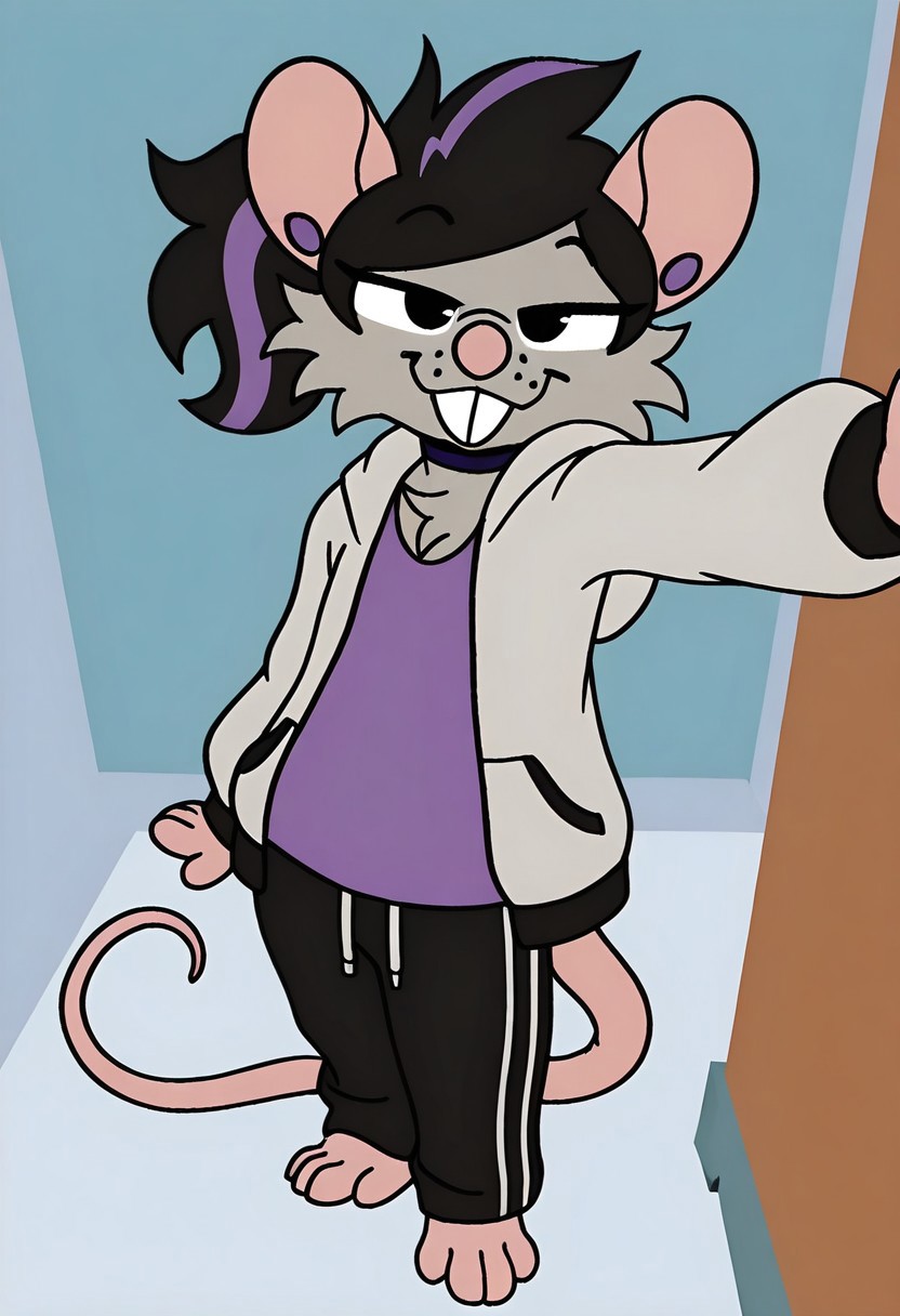 high quality, detailed, detailed eyes, best quality, ultra-high res, intricate details, amazing quality, newest, high res, masterpiece, extreme detail, mikus-concept, smug standing pose, full body, bellow view, top view, M0lly_r4tt0, line art, flat colors, rat, solo, female, black hair, swept bangs, purple highlights, ponytail, purple ear piercing,  grey fur, grey body, cheek tuft, pink nose, buckteeth, black eyes, eyelashes, choker, sweatpants, baggy topwear, grey hoodie, open clothing, purple shirt, long sleeves, rat tail, barefoot, pink feet,