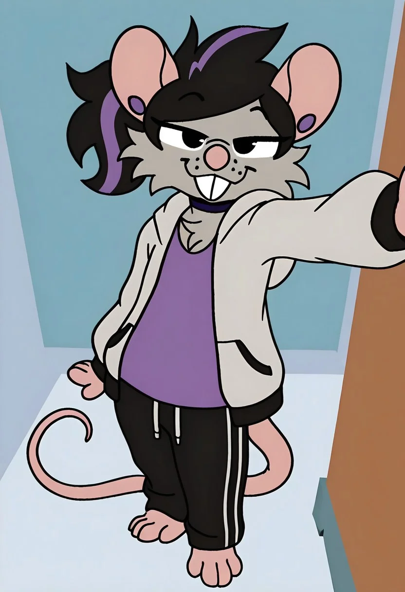 high quality, detailed, detailed eyes, best quality, ultra-high res, intricate details, amazing quality, newest, high res, masterpiece, extreme detail, mikus-concept, smug standing pose, full body, bellow view, top view, M0lly_r4tt0, line art, flat colors, rat, solo, female, black hair, swept bangs, purple highlights, ponytail, purple ear piercing, grey fur, grey body, cheek tuft, pink nose, buckteeth, black eyes, eyelashes, choker, sweatpants, baggy topwear, grey hoodie, open clothing, purple shirt, long sleeves, rat tail, barefoot, pink feet,