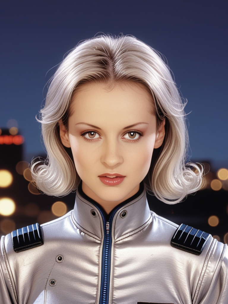 score_9, score_8_up, score_7_up,detailed, cinematic, focus, bokeh, (portrait), face focused, Michell3W1ld, Michelle Wild, <lora:Michell3W1ld-pony:1>,  1girl, mid shot, silver jumpsuit, futuristic, bobbed hair, ultra detailed, 8k, skin pores, grain, photograph, retro, 1990s fashion, analog, film, nineties, outside, nighttime, cityscape, (sci-fi aesthetic)