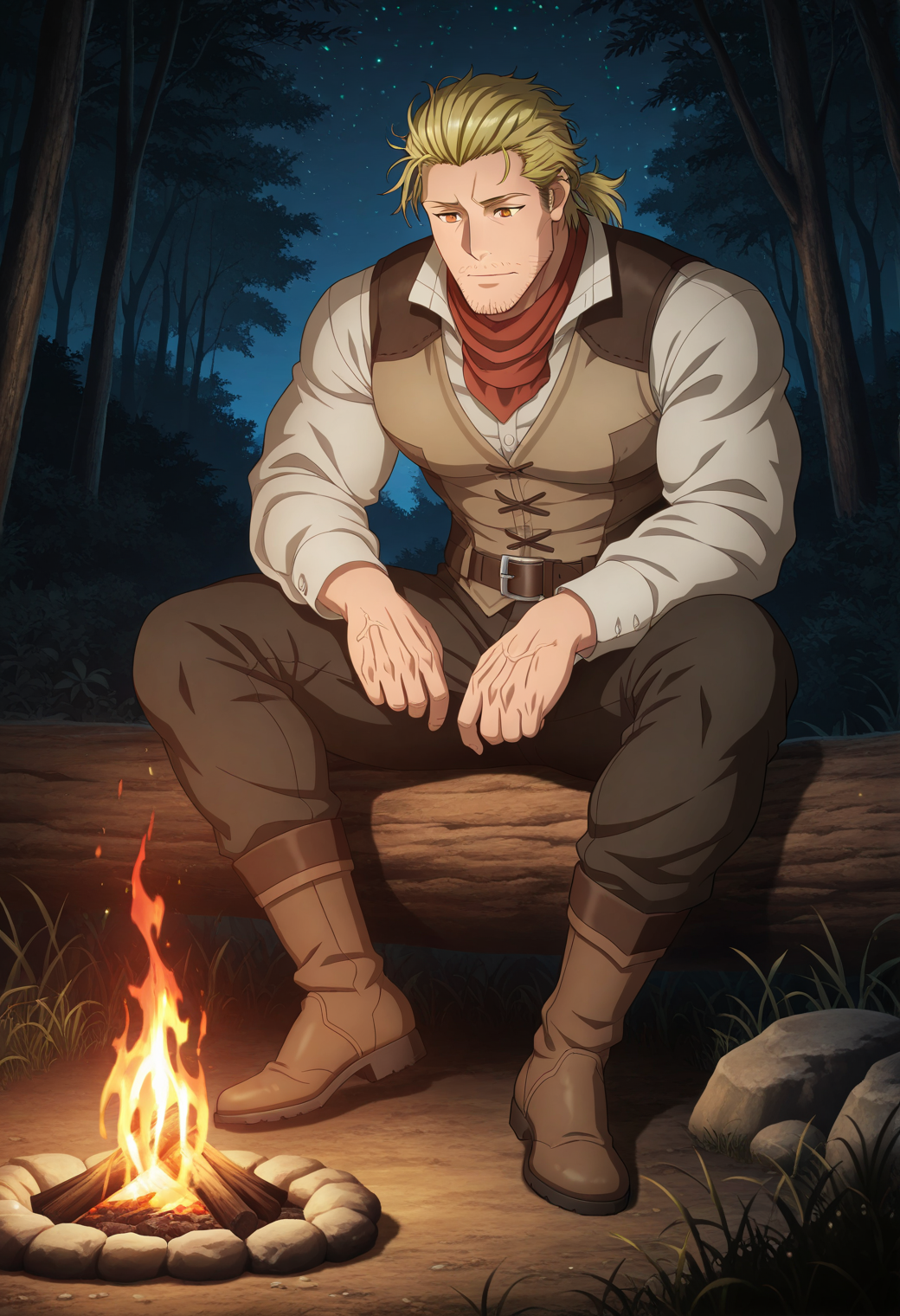 <lora:The_builder_from_the_anime_The_Unaware_Atelier_Master:0.6>, T_U_A_M, yellow hair, stubble, amber eyes, disheveled hair, hair combed back, long hair, short ponytail, Male, Adult, Mature, Manly,  detailed face, detailed body, detailed eyes, perfect hands, perfect foot, perfect anatomy, masterpiece, best quality, amazing quality, k0n0hanaya, <lora:-Konohanaya-000017:0.4>, <lora:cfg_scale_boost:0.2>, <lora:add-detail-xl:0.2>, <lora:NAI_QualityV1.1:0.2>, abstract background, multicolored background, <lora:ChamIllustriousBackgroundEnhancer:0.2>,
wide-collared shirt, vest, belt, pants, scarf, brown leather boots, solo, sitting by a campfire in the forest, staring into the flickering flames, cinematic composition, firefly, night, dark,, volumetric lighting, cinematic, very awa, masterpiece, best quality, absurdres, newest, perfect quality, detailed background, intricate details