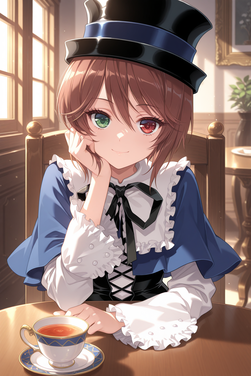 1girl, SouseisekiRozenMaiden, 
general, solo, pov across table, upper body,
eyelashes,
top hat, kodona,
frilled shirt collar, neck ribbon, blue capelet,
white shirt, long sleeves,
black corset,
blue shorts, white pantyhose, 
smile, resting, tea, 
indoors, gothic, table,
<lora:kp_SouseisekiRozenMaidenIllustrious_v1_0:1.0>,
masterpiece, best quality, amazing quality