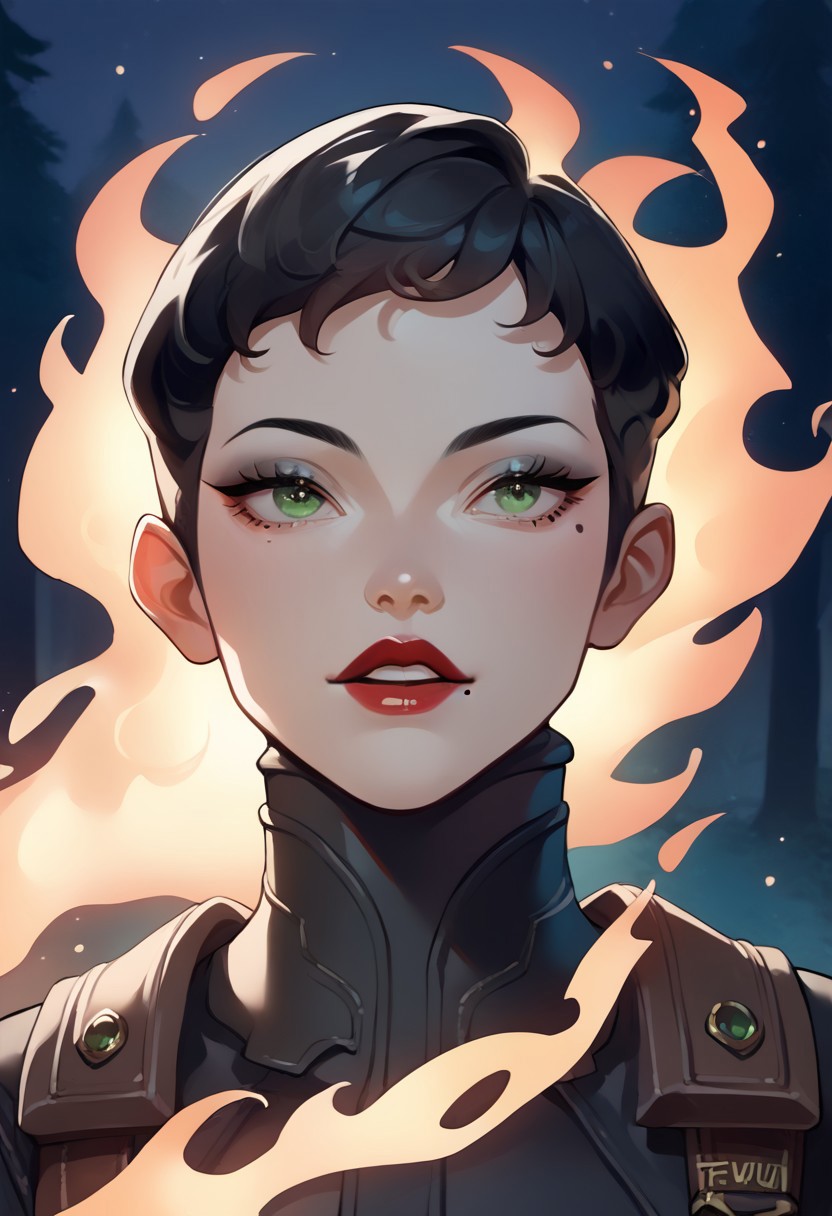 score_9, score_8_up, score_7_up, source_anime, ((1girl)), yurikosmtiv, black hair, short hair, lipstick, mole under eye, makeup, green eyes, black bodysuit, night, forest, forest fire, natural lighting arms rise, looking up, ephoric face, glee