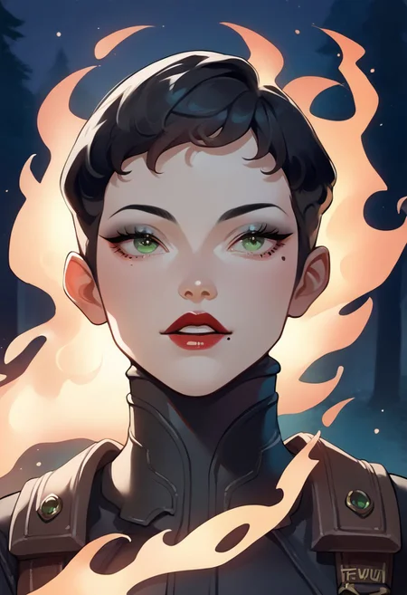 score_9, score_8_up, score_7_up, source_anime, ((1girl)), yurikosmtiv, black hair, short hair, lipstick, mole under eye, makeup, green eyes, black bodysuit, night, forest, forest fire, natural lighting arms rise, looking up, ephoric face, glee
