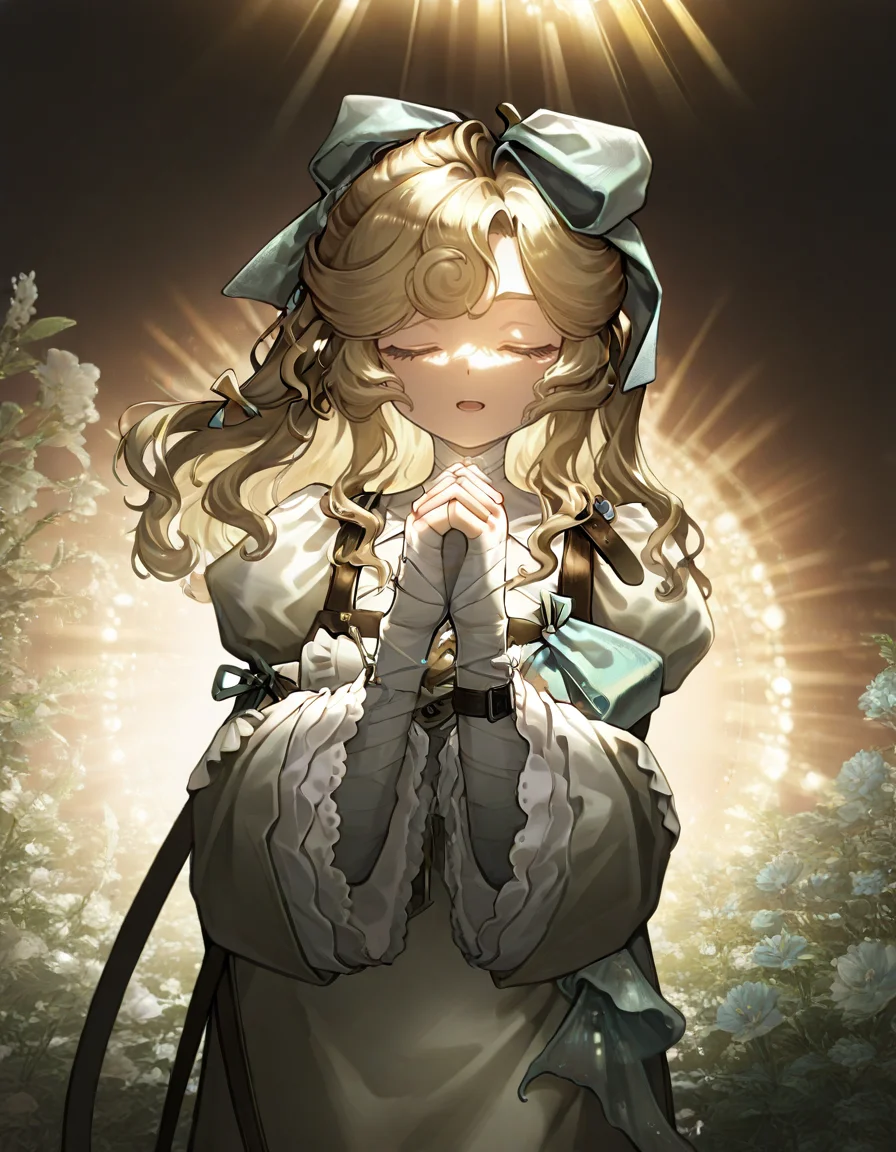1girl,lorelei, bandages,bule bow,
lush garden, vibrant flowers, sunlight filtering through trees, serene atmosphere, magical ambiance, singing with hands clasped, peaceful, high detail, cinematic lighting,
<lora:loreleireverse1999:1>reverse:1999, ultra-detailed, cinematic lighting, (masterpiece, best quality, high quality, highres, ultra-detailed),