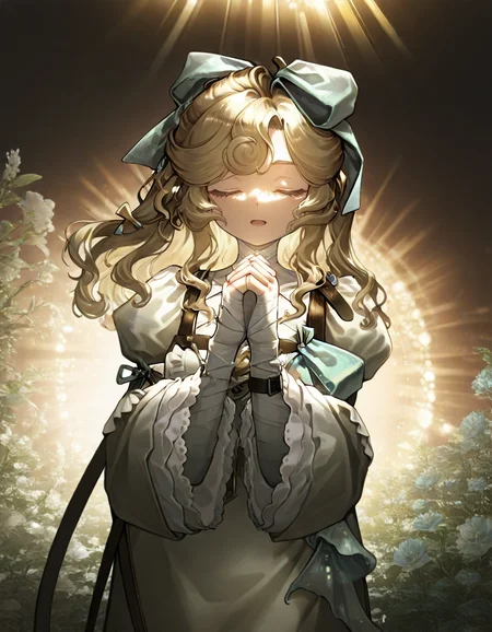 1girl,lorelei, bandages,bule bow, 
lush garden, vibrant flowers, sunlight filtering through trees, serene atmosphere, magical ambiance, singing with hands clasped, peaceful, high detail, cinematic lighting,
<lora:loreleireverse1999:1>reverse:1999, ultra-detailed, cinematic lighting, (masterpiece, best quality, high quality, highres, ultra-detailed),