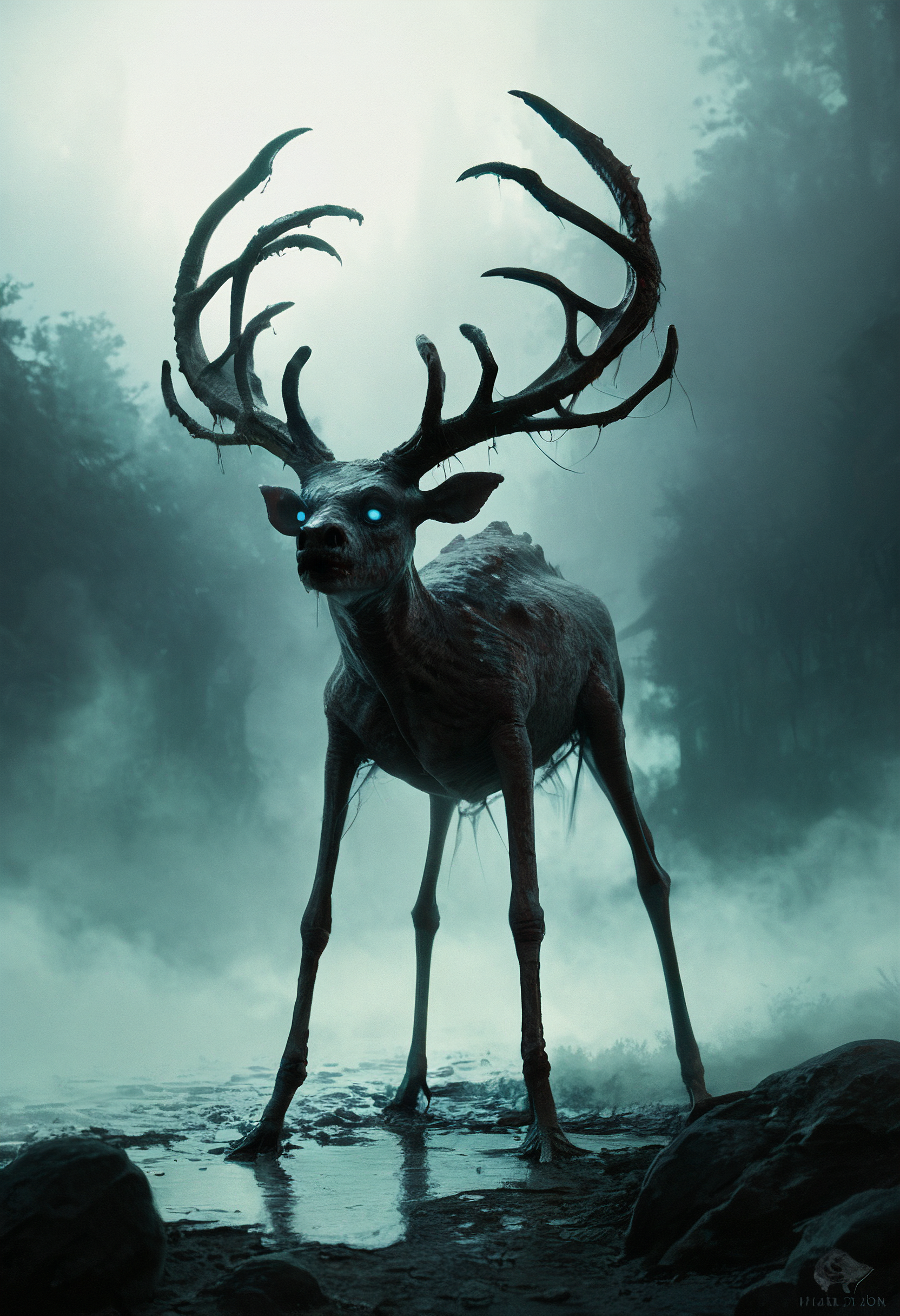 score_9, score_8_up, score_7_up, zy_monster, realistic, beast, fog-choked moors, deer-like body, grotesque, emaciated, exposed ribs, cracked antlers, tar-like substance, sunken eyes, blue glow, black smoke, guttural calls, ghostly wails, sharp hooves, jagged, claw-like imprints, mud, eerie atmosphere, night, horror, unsettling, dark fantasy, highly detailed, high contrast, film grain, Rim Lighting , <lora:zy_Horror_Monsters_PonyRealism_v1:0.75>
