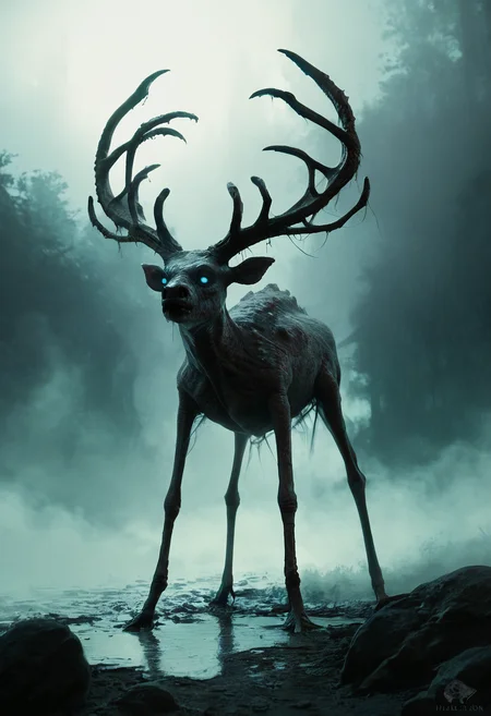 score_9, score_8_up, score_7_up, zy_monster, realistic, beast, fog-choked moors, deer-like body, grotesque, emaciated, exposed ribs, cracked antlers, tar-like substance, sunken eyes, blue glow, black smoke, guttural calls, ghostly wails, sharp hooves, jagged, claw-like imprints, mud, eerie atmosphere, night, horror, unsettling, dark fantasy, highly detailed, high contrast, film grain, Rim Lighting , <lora:zy_Horror_Monsters_PonyRealism_v1:0.75>