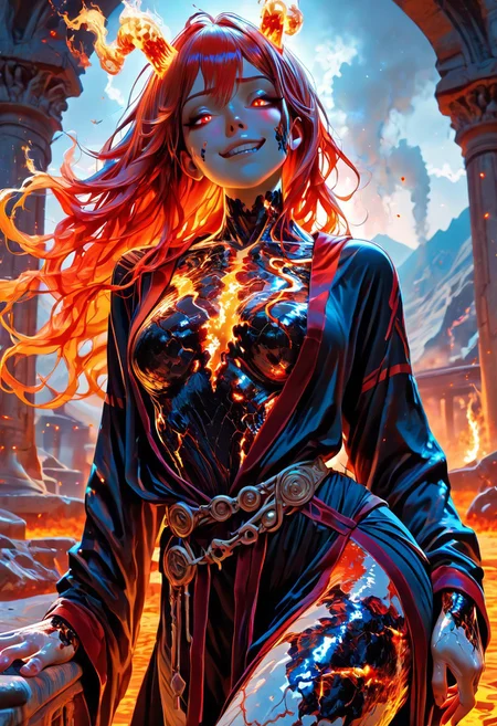 highres, very detailed, amazing quality, masterpiece,
very aesthetic, warm lighting,
particle effect,
1girl, beautiful eyes, goddess, goddess of fire, lava skin, burning, smoldering, flaming horns, strong face, solo, red hair, orange tips, long hair, wavy hair, (wind blows hair up), glowing eyes, red eyes, smoke rising from eyes, small breasts, slender, robe, black robe with red trim,
temple, mountain
slavic theme, goddess theme, fire theme,
looking at viewer, standing flirty, dynamic pose, cowboy shot,
seducing, seductive, flirty, tender, loving, playful, cocky smirk, cocky,
fire around her