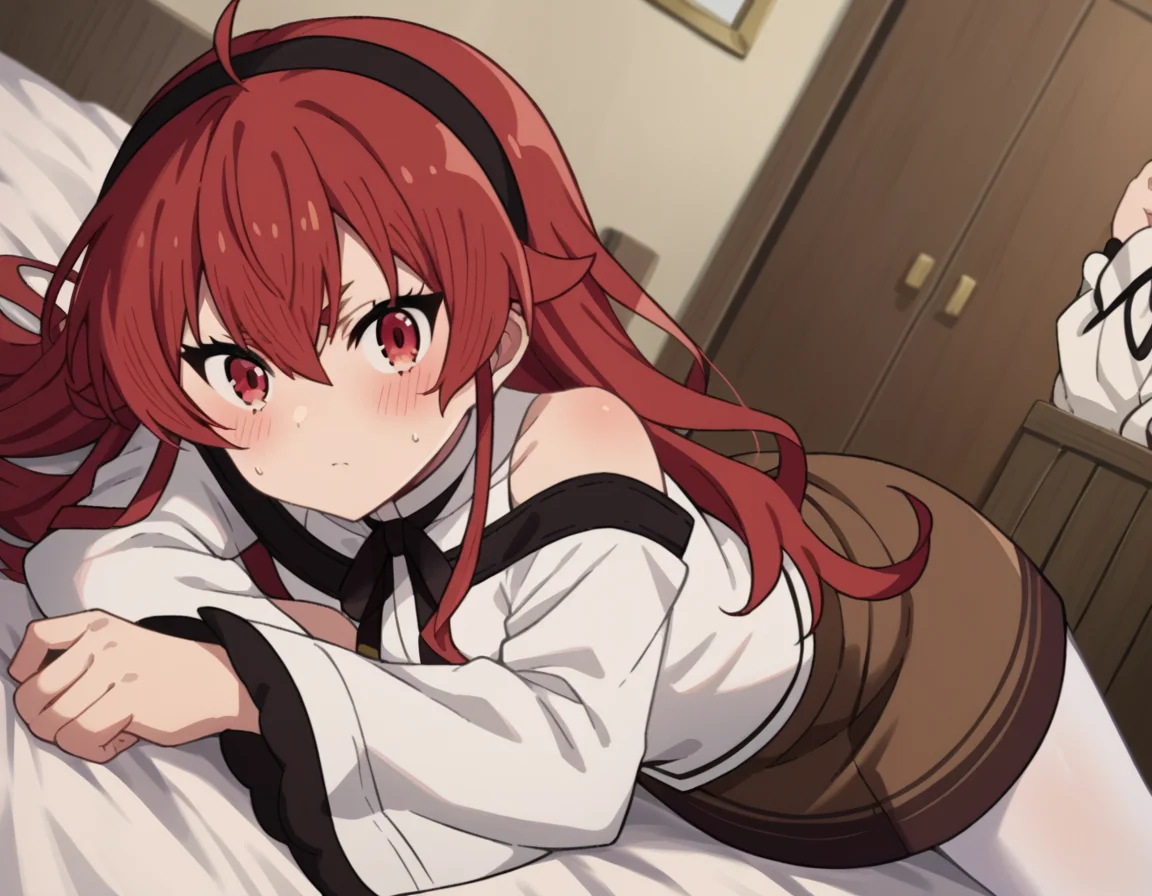 score_9, score_8_up, score_7_up, source_anime,
erisgreyrat, <lora:eris-boreas-greyrat-s1-ponyxl-lora-nochekaiser:1>,
eris greyrat, ahoge, hair between eyes, long hair, red eyes, red hair, sidelocks,
black hairband, black ribbon, brown skirt, hairband, long sleeves, neck ribbon, pantyhose, ribbon, shirt, shoulder cutout, skirt, white pantyhose, white shirt, wide sleeves,
indoors, bed, bed room, on side, blush, drunk,
looking at viewer, dutch angle, cowboy shot,