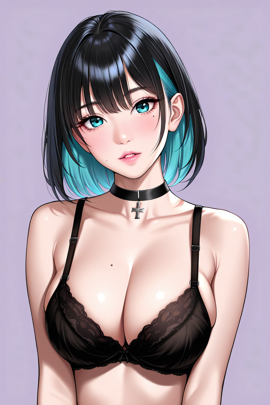 1girl, masterpiece, best quality, solo, black hair, mole on breast, cleavage, mole under eye, parted lips, blue eyes, aqua hair, simple background, mole on cheek, collarbone, blue hair, black choker, cross choker, head tilt, short hair, black bra, makeup, two-tone hair, medium hair, colored inner hair, upper body, pink lips, realistic, grey background, purple background, eyelashes, aqua eyes, portrait, looking at viewer, nose, large breasts