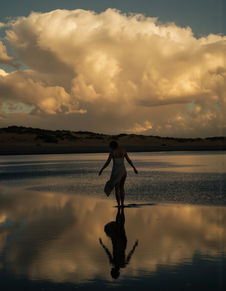 Art by Brooke Shaden.
Nude art photography. A photo-realistic shoot from the side about a silhouette of a person standing in water against a dramatic backdrop of sand dunes and a large, swirling cloud. the image also shows a dramatic scene. on the middle of the image, a woman, who appears to be in her mid-twenties, is standing with her arms stretched out to the sides, facing away from the viewer. she is wearing a long, flowing skirt and a white top, and her hair is tied back in a long hair style. her body is slim and she is barefoot. the woman is standing on a calm, reflective surface of water, with the ocean visible in the background. the sky is filled with a warm, golden light, and the clouds are rolling in, creating a dramatic, ethereal atmosphere. the overall mood is one of serenity and solitude.