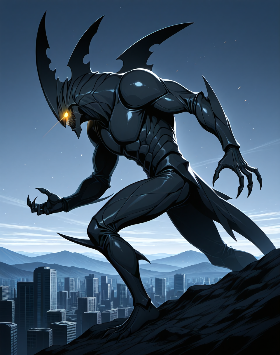 score_9, score_8_up, score_7_up,
<lora:Hyper_Zoanoid_(Guyver)_(Illustrious)_(AD):1> Hyper Zoanoid, Guyver, monster, 
exterior, science fiction, mountains, city skyline, sky with anime clouds,
cowboy shot, bent knee, dynamic action, side view, 
gold and silver colored body, glowing eyes, dominating, powerful, solo, stocky, bulky, tall, long legs, shark, 
BREAK Smooth Quality, IllusP0s, lazyhand, lazympos, lazynsfw,