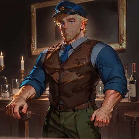 <lora:Dev__Potion_Permit:.7>, devdanpermit, dev_blonde hair, dev_blue eyes, dev_mailman, 1boy, short hair, beard, solo, male focus, bara, blue tie, blue hat, grey collared shirt, blue sleeve shirt, brown vest, green pants, belt
(very short hair), male focus, muscular male, bara, mature, (hairy body, hairy, body hair, arm hair, leg hair, hairy body, glossy skin, bara, mature, facial hair, beard, full beard, sideburn, mustache, stubble), facial hair, bara, mature, body hair, aixiwuganda_(20222192), very awa, masterpiece, best quality, absurdres, newest, perfect quality, detailed background, intricate details,<lora:slider_Body Type_alpha1.0_rank4_noxattn_last:2><lora:Anime Summer Days 2 Style SDXL_LoRA_Pony Diffusion V6 XL:.6><lora:merged:.7>, DARK, DARK BACKGROUND, LOW-KEY LIGHTING <lora:slider_cfg_scale_boost:.7><lora:Artist6p:.55>, Artist6p, Artist04p,<lora:slider_il_brightness_slider_d1:-.4><lora:slider_il_contrast_slider_d1:-.25>,<lora:slider_contract_controller_illus01_v1:.3>, <lora:addon_illustriousXLv01_stabilizer_v1.121:.5>,<lora:slider_DarkSlider1.2_alpha1.0_rank16_full_300steps:-.1><lora:Heavenly_Beauty_r1:1>, (heavenlybeauty,)<lora:slider_style_strength_controller_illus01_v1:.25><lora:slider_longlegs-slider-illu-v1:10>