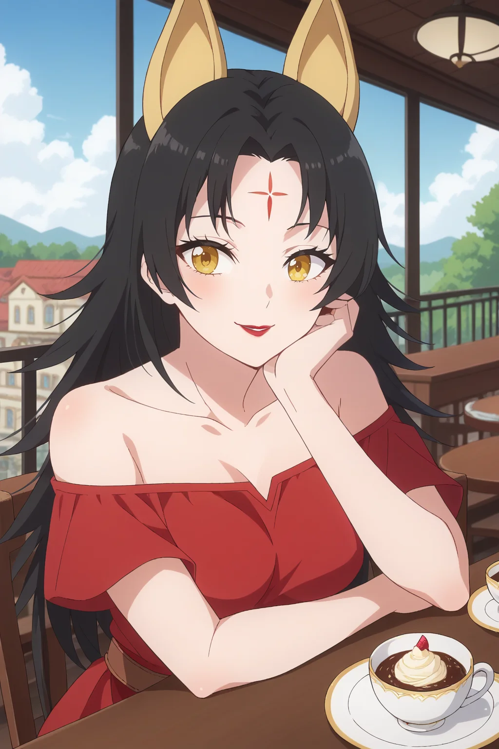 score_9, score_8_up, score_7_up, source_anime, 1girl, prefect lighting, very aesthetic, intricate details, highly detailed background, masterpiece, high quality, prefect hands, best quality, solo,
<lora:Magino_2.5_Dimensional_Seduction_V1:.85>, KJOmagino, black hair, yellow eyes, forehead mark, long hair, parted bangs, red lipstick, animal ears, (fluffy tail), 
red skirt, brown belt, black oversized t-shirt, off shoulders, bare shoulders,
cup, smile, window, looking at viewer, indoors, pov across table, cafe, spoon, sitting, teacup, parfait, food, ice cream, upper body, chair, saucer, pov dating, head tilt, head rest,
patio, outside, restaurant, wood table, railing, stone street, buildings, sunny day, cloudy sky,
(Beautiful, medium Breasts:1.2), natural breasts,