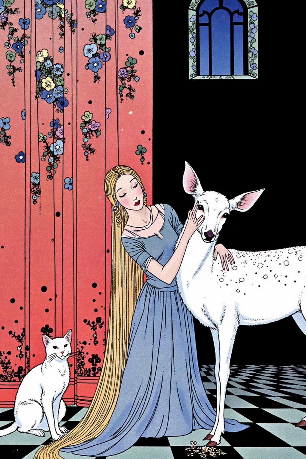 sterrett1 illustration. A woman with long, flowing hair, dressed in a long, flowing blue gown, is gently stroking a white deer with delicate spots. There is a cat standing at the bottom left corner. <lora:sterrett1_cap_d6a3e8:1.0><lora:837014453972189615:0>
