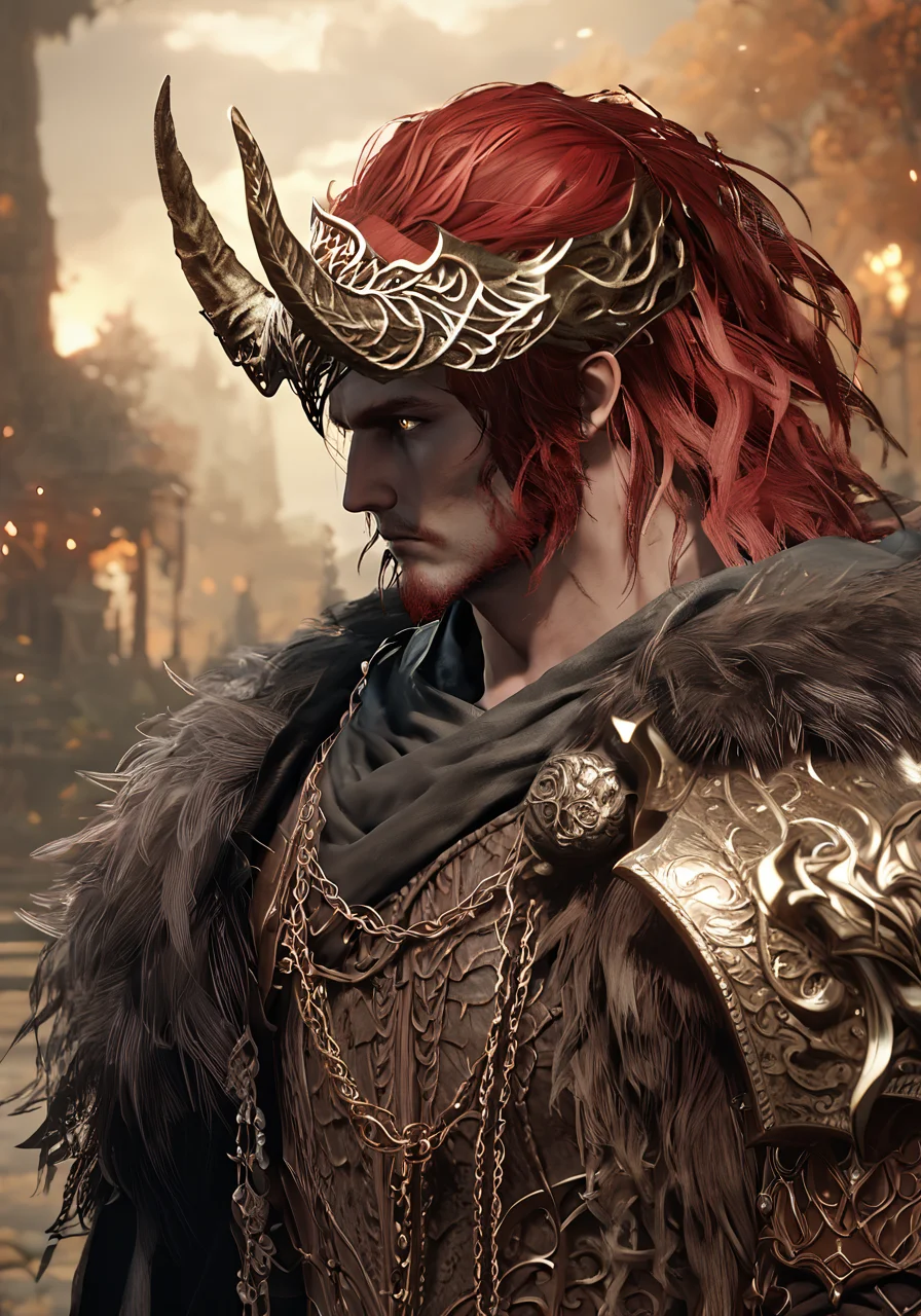 score_9, score_8_up, score_7_up, a man in a costume with a horned head and red hair in a fantasy setting, best quality, masterpiece, otherworldly, eldringpxl, intricate, dark fantasy, <lora:eldringpxl:0.8>, elden ring, thick, armor, cape