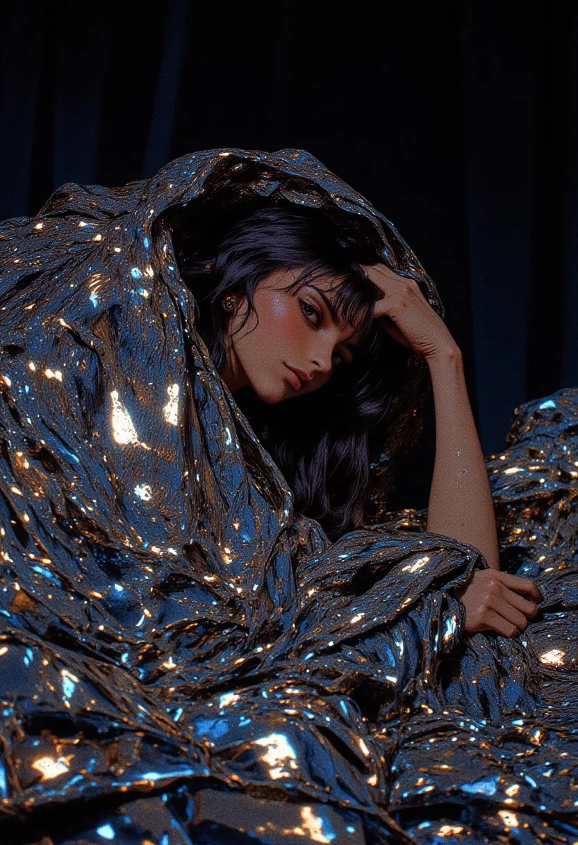 A hyper-realistic portrait photograph featuring a young woman with long, straight, dark hair lying gracefully on a bed draped in a shimmering sequined blanket that sparkles intensely, reflecting light in every direction, creating an almost magical glow. She rests on her side, her head propped delicately on her right hand, while both her hands are concealed under the blanket, adding an air of mystery to her pose. Her fair skin contrasts softly against the glittering blanket, and her expression is introspective, with slightly parted lips adding a touch of sensuality. The blanket's sequins catch the ambient light, scattering it into a dazzling display of shimmering reflections, resembling a star-studded night sky. The dim, ambient lighting enhances the intimate, moody atmosphere, casting gentle shadows that sculpt the contours of her face and body, emphasizing her serene yet enigmatic presence. The background fades into darkness, ensuring the focus remains entirely on the subject and the mesmerizing interplay of light on the sparkling blanket. The composition blends softness and glamour, fusing intimate elegance with a hint of otherworldly magic.