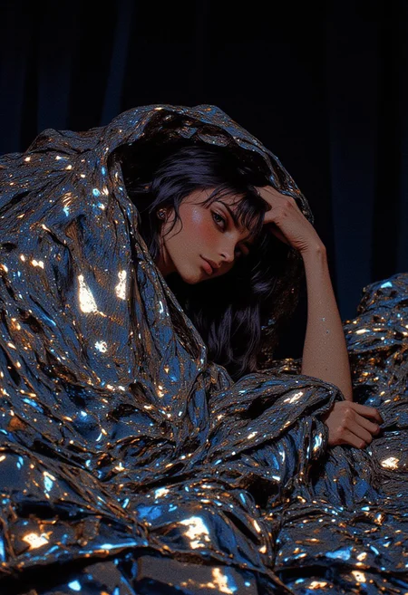A hyper-realistic portrait photograph featuring a young woman with long, straight, dark hair lying gracefully on a bed draped in a shimmering sequined blanket that sparkles intensely, reflecting light in every direction, creating an almost magical glow. She rests on her side, her head propped delicately on her right hand, while both her hands are concealed under the blanket, adding an air of mystery to her pose. Her fair skin contrasts softly against the glittering blanket, and her expression is introspective, with slightly parted lips adding a touch of sensuality. The blanket's sequins catch the ambient light, scattering it into a dazzling display of shimmering reflections, resembling a star-studded night sky. The dim, ambient lighting enhances the intimate, moody atmosphere, casting gentle shadows that sculpt the contours of her face and body, emphasizing her serene yet enigmatic presence. The background fades into darkness, ensuring the focus remains entirely on the subject and the mesmerizing interplay of light on the sparkling blanket. The composition blends softness and glamour, fusing intimate elegance with a hint of otherworldly magic.