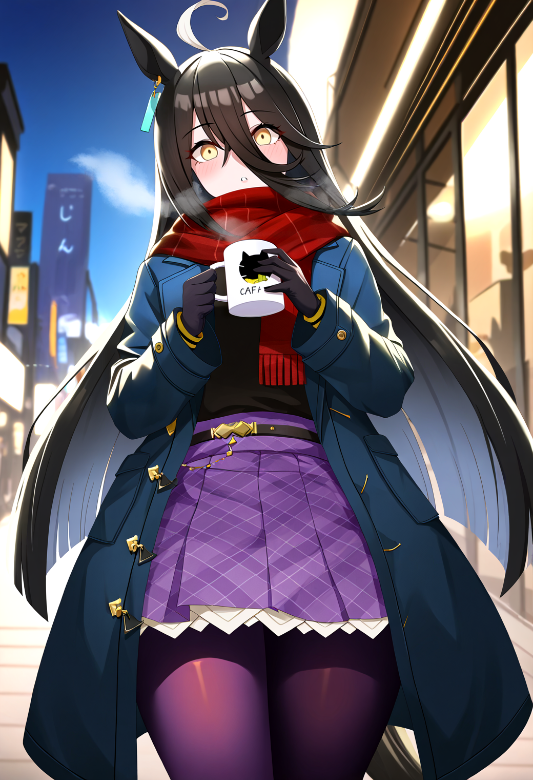 very awa, masterpiece, best quality, year 2024, newest, highres, absurdres, <lora:age_slider_v4:3> <lora:thicc_v1.4-pony:1.2>,detailed_background,outdoors,frilled skirt,long hair between eyes,legion \(fox3498\),long hair,white hair,mug,umamusume,horse girl,motion lines,gloves,single earring,surprised,holding cup,animal ears,cup,1girl,highres,winter clothes,very long hair,black hair,red scarf,manhattan cafe \(umamusume\),long sleeves,black gloves,plaid scarf,ear tag,breath,holding,purple skirt,coat,pantyhose,multicolored hair,solo,earrings,scarf,purple pantyhose,tail,frills,jewelry,absurdres,hair between eyes,coffee mug,plaid clothes,yellow eyes,horse ears,skirt,horse tail,blue coat