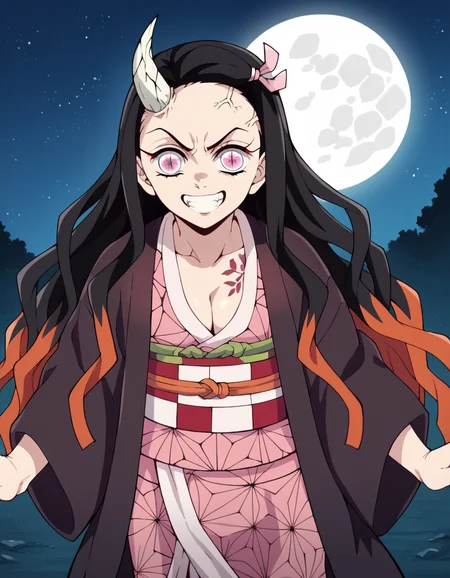 score_9, score_8_up, score_7_up, source_anime,
nezukokamado, <lora:nezuko-kamado-anime-ponyxl-lora-nochekaiser:1>,
nezuko kamado, black hair, forehead, hair ribbon, long hair, multicolored hair, pink eyes, orange hair, slit pupils, wavy hair, two-tone hair,
cleavage, japanese clothes, horns, kimono, sash, obi, demon girl, angry, single horn, veins, pink kimono, cracked skin, checkered sash, tattoo,
outdoors, night, landscape, moon, starry sky, bent over, smile,
solo, dutch angle, looking at viewer, cowboy shot,