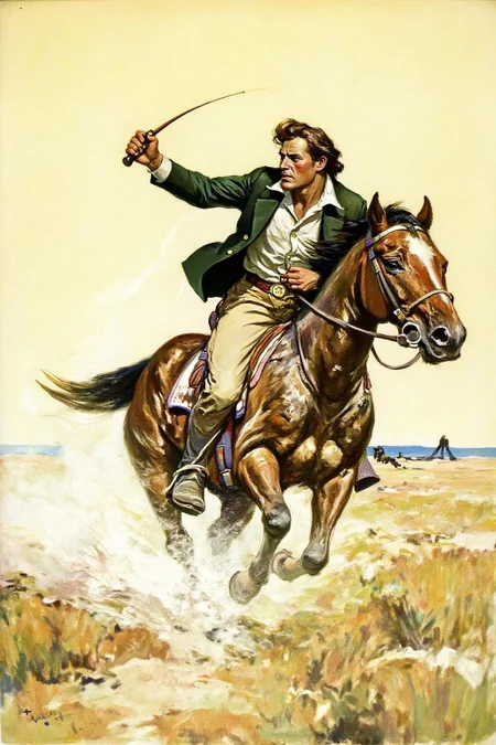 schoonover1 illustration.
A man rides a galloping horse. He has a determined expression and wears a dark green jacket, a white shirt, and light-colored pants. There is a trail of dust behind him. <lora:schoonover1_cap_d6a3e11:1.0><lora:831468538796459694:0>