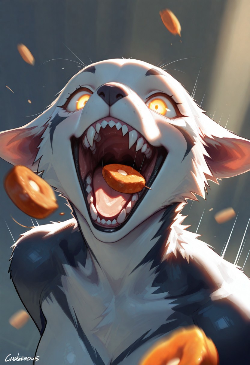 CuteSTL, glowing eyes, masterpiece, best quality, very aesthetic, high resolution, ultra-detailed, absurdres, newest, detailed eyes, beautiful, perfect lighting, hi res, amazing quality, very awa, painting_(artwork), dynamic lighting, dynamic angle, cinematic, gorgeous, 1girl, (throwing food into mouth:1.3), (open mouth, excited expression), (dynamic pose),  
food flying, (mid-air trajectory), (motion lines), (depth of field),  
(background blur, natural lighting), (sharp focus on girl),  
upper body
