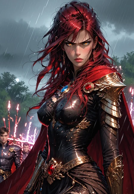 safe_pos, profile view of 1girl, sfw, gorgeous, freckles, shiny wet skin, detailed skin, detailed face:2, fierce:2, angry, sneerimg, intense glare, perfect eyes, glowing eyes, long hair, red hair, deep red hair, dark red hair:2, cloth tunic, saggy breasts, breasts covered:1.5, nipples covered, cloth stretched tight over breasts, showing slight skin, decorative mystic armor, dark blue armor:2, matching armor, armored skirt:2, flowing skirt:2, skirt:2, flowing cape, intricate armor, shiny armor, perfect hands:2, perfect fingers, eyeliner, relaxed hands, thigh highs, leggings, armored thighs, exposed upper chest, exposed lower thigh, showing slight leg, walking pose, cape billowing in the wind, turned,
BREAK
smoking battlefield, outdoors, rain, rainy day, dark sky, dusk, lightning strike:2, stormy sky, lightning in sky, streaming banners, spears and swords in dirt, fires,
BREAK
score_9, score_8_up, score_8, masterpiece, best quality, official art, extremely detailed, absurdres, high definition, photorealism, detailed shading, high contrast, ambient occlusion,
BREAK
dynamic angle:1.5, cowboy shot, focus face, profile shot, Dutch angle, high viewpoint, pov above,
expressiveh, comicbookpage style, mythp0rt, g4n1m3,