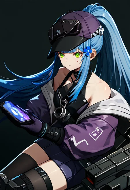 score_9, score_8_up, score_7_up, score_6_up, score_5_up, score_4_up, source_anime, solo, 1girl, 
blue hair,long hair,ponytail,bangs,hair ornament,green eyes,facial mark, 
416_def,hat,choker,[purple jacket],multicolored jacket,bare shoulders,knee pads,black thighhighs,zettai ryouiki,thigh strap,black gloves,[black shirt], 
masterpiece, best quality, very aesthetic, absurdres,