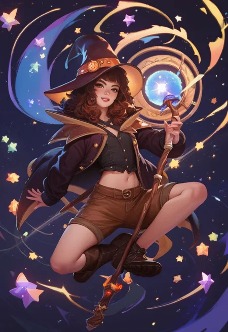 score_9, score_8_up, score_7_up, score_6_up, score_5_up, detailed background, witch girl, brown shorts, roll out, boots, jacket, magic staff, looking at viewer, (full body:1.3), pikaole