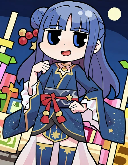 masterpiece, best quality, newest, absurdres, highres, safe, 1girl, nanami yachiyo \(tanabata ver.\), magia record: mahou shoujo madoka magica gaiden, papa \(shimeguru\), thighhighs, smile, open mouth, solo, night, outdoors, dutch angle, <lora:nanami_yachiyo_noobaiXLNAIXL_vPred10Version:0.7>