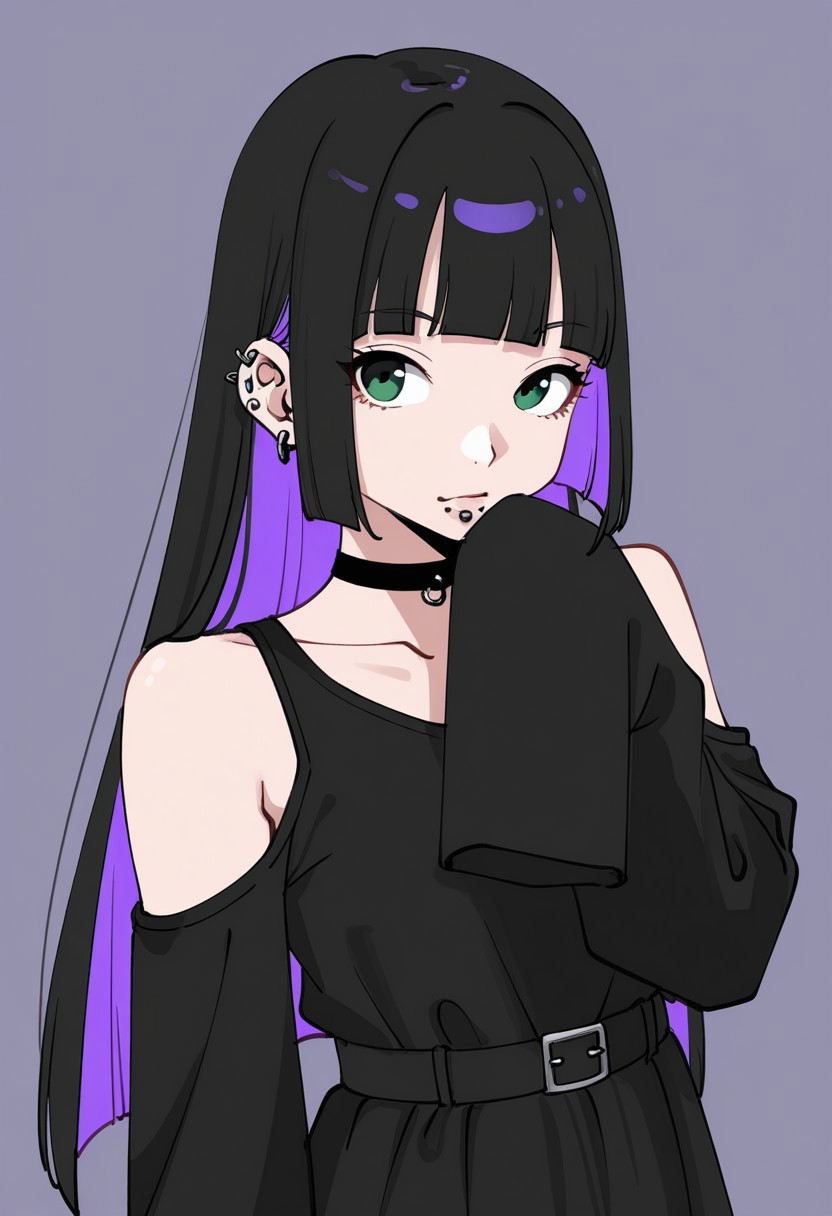 by nu—, character portrait, 1girl, ear piercing, lip piercing, chin piercing, colored inner hair, black hair, purple hair, hime cut, blunt ends, medium bangs, green eyes, long dress, black dress, shoulder cutout, sleeves past fingers, black choker, bare shoulders, black sleeves, choker, clothing cutout, detached sleeves, dress, gothic, shoulder cutout, sleeves past wrists, very long sleeves