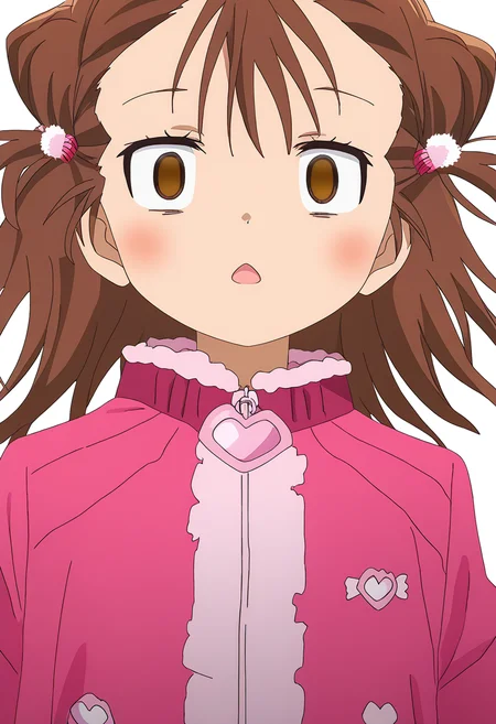 Ryouka_MIKETA,1girl,solo,brown hair,empty eyes,brown eyes,open mouth,blush,looking at viewer,white background,portrait,simple background,pink jacket,hair ornament,two side up,short hair,<lora:Ryouka_MIKETA:1>