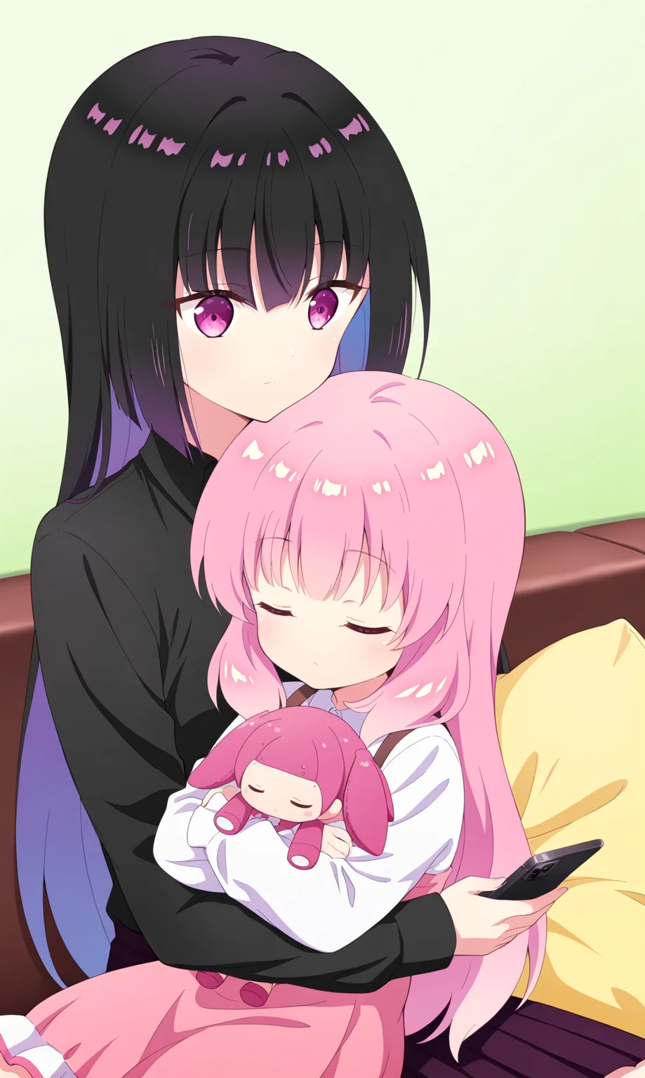 masterpiece, best quality, zzhaizakura, zzKarasuba, yuri, 2girls, multiple girls, holding, phone, shirt, white shirt, dress, holding phone, multcolored hair, book, couch, long sleeves, long very hair, upper body, cellphone, skirt, bangs, pink dress, closed mouth, sitting, bedroom, purple eyes, sleeping, pink hair, closed eyes, smartphone, aged down, collared shirt, purple hair, long hair, holding stuffed toy, green background, black hair, black shirt, sitting on person, stuffed toy, looking at phone, long hair, black hair, on couch, lying, pillow, sitting on lap, object hug, reading, doll,