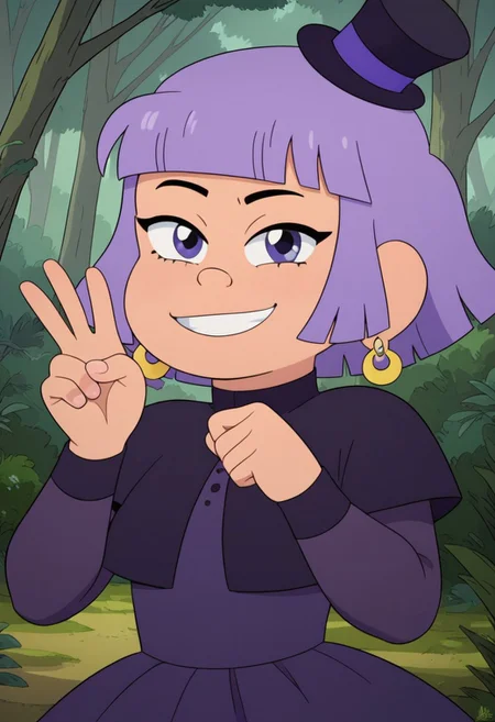 ((forest background)),score_9, score_8_up, score_7_up,score_6_up,
1girl, Solo, Jane_cotc, peach skin, violet hair, bob cut hair, short hair, lilac eyes, small black top hat, gold earrings, dark violet dress with dark purple details, lilac stockings, dark purple shoes, big eyes, short stature, social smile, perfect eyes, perfect smile, looking at the viewer, detailed eyes, perfect eyes, standing (front pose, bust shot) five fingers, perfect hands, (hand up, v sign)