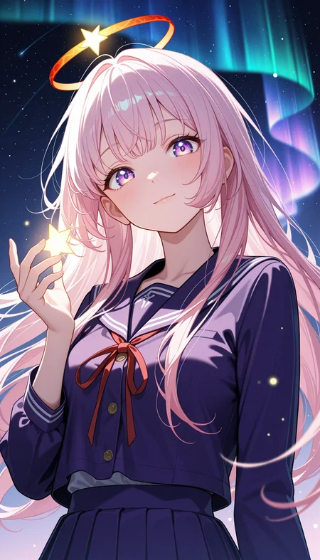 masterpiece, best quality, amazing quality, very aesthetic, high resolution, ultra-detailed, absurdres, newest, scenery, colorful, rim light, backlit, cosmic sky, aurora, chaos, fashion photography of busty cute girl, (cute:1.2), intense long pink hair, long hair, choppy bangs, nebulae cosmic purple eyes, rimlit eyes, dynamic pose, bokeh, purple serafuku with big red ribbon, red annular solar eclipse halo, perfect night, fantasy background, looking at viewer, light smile, glowing star in hand, (colorful light particles:1.2), (face focus:0.7), from below, dutch angle, upper body, head tilt, BREAK, detailed background, blurry foreground, depth of field, volumetric lighting