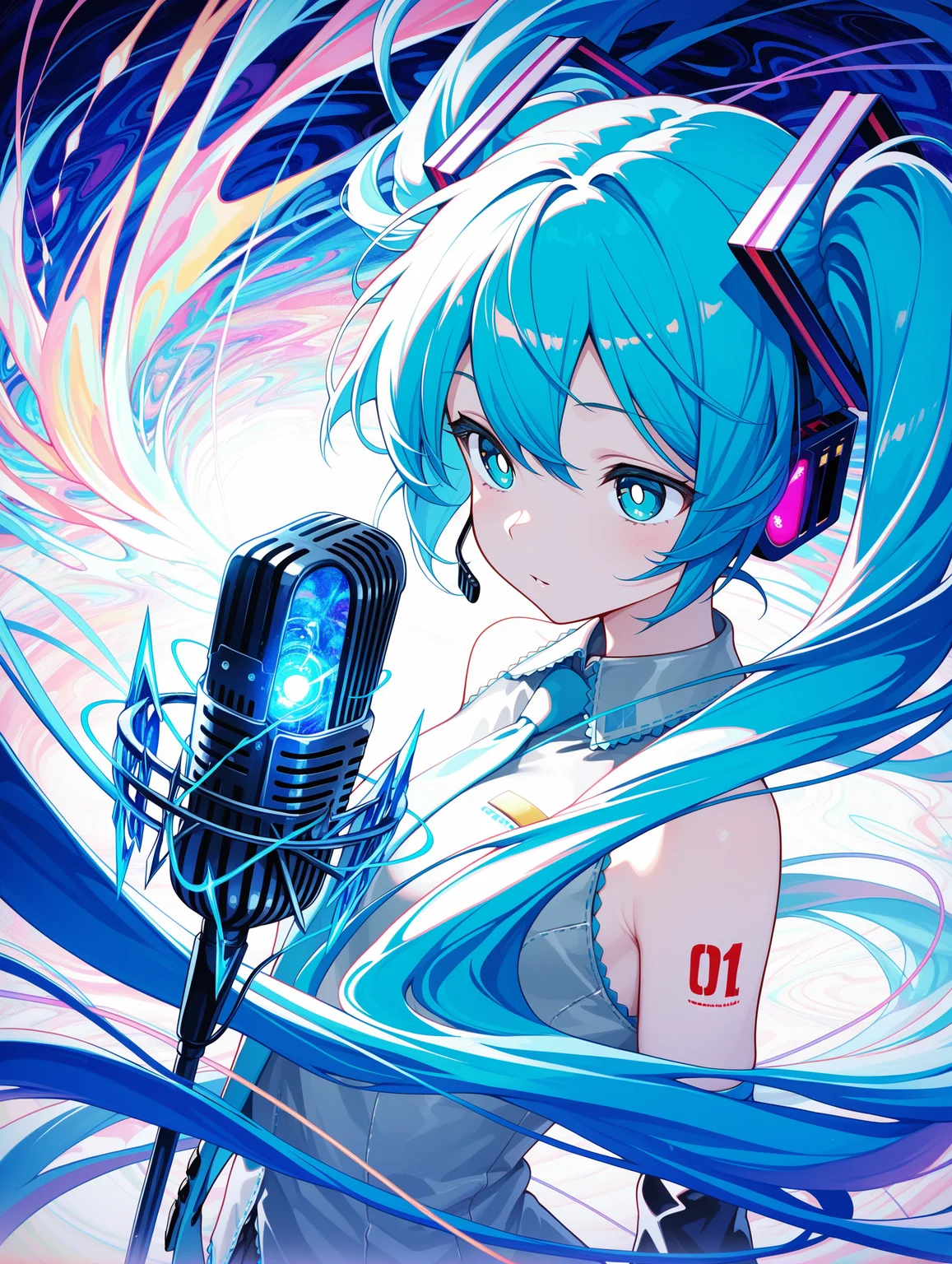 1girl, hatsune miku, white pupils, power elements, microphone, vibrant blue color palette, abstract,abstract background, dreamlike atmosphere, delicate linework, wind-swept hair, energy
,masterpiece,best quality,amazing quality,