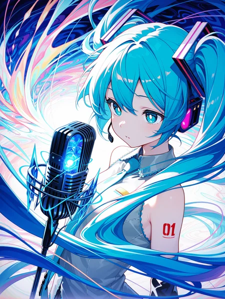 1girl, hatsune miku, white pupils, power elements, microphone, vibrant blue color palette, abstract,abstract background, dreamlike atmosphere, delicate linework, wind-swept hair, energy
,masterpiece,best quality,amazing quality,